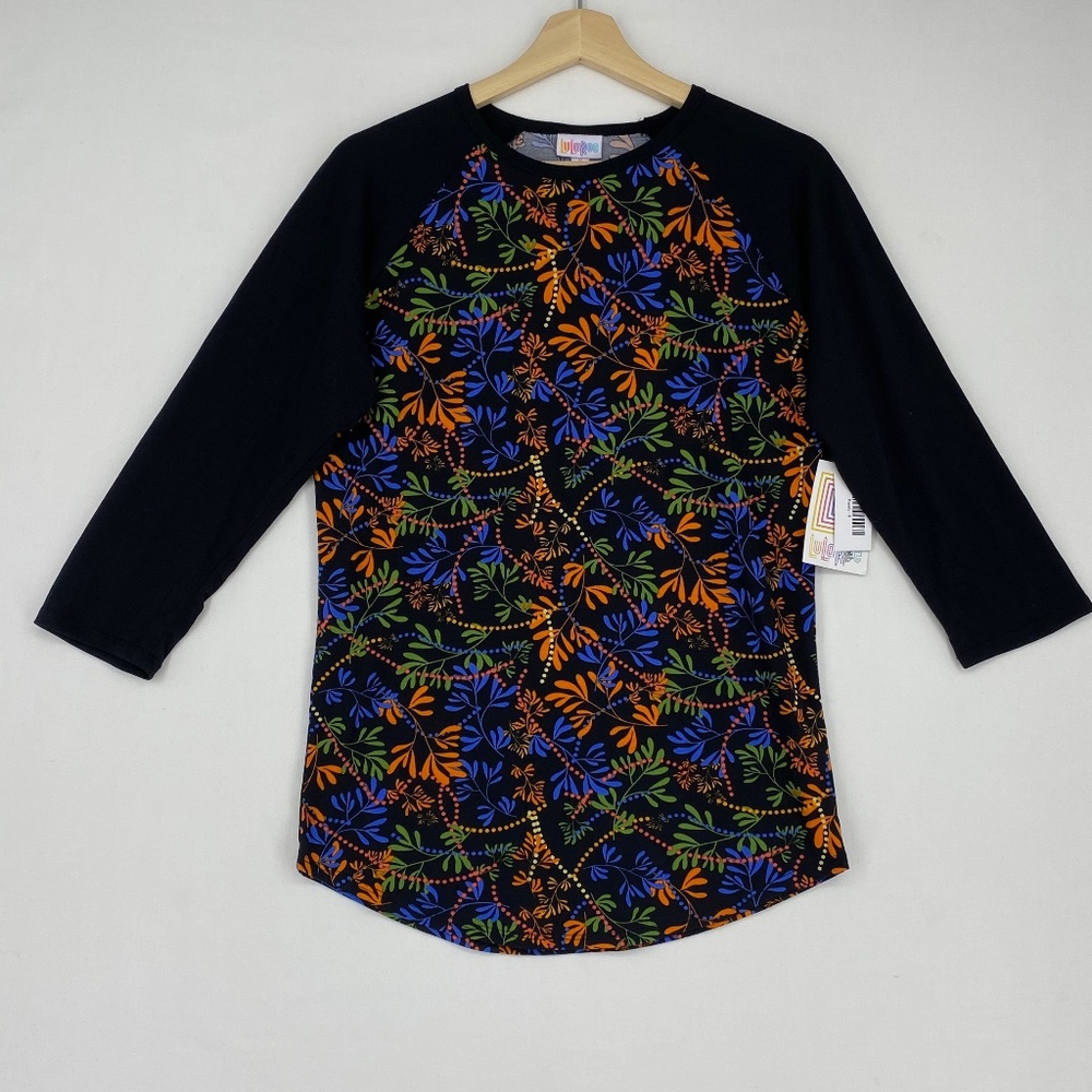 LuLaRoe Randy Knit Top Black Bright Multi Leaf Dot